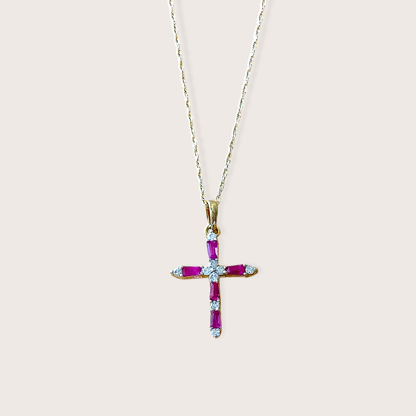 Close up of 14K White Gold Diamond & Ruby Gemstone  Cross Necklace