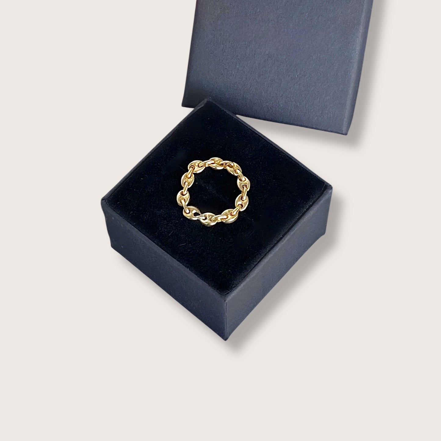 14K Yellow Gold Puffed Mariner Chain Ring inside ring box