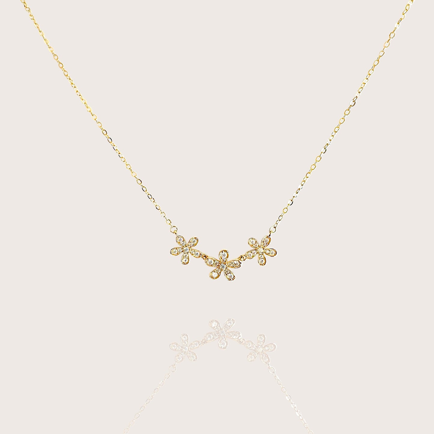 Dainty 14K gold flower necklace with CZ stones, solid gold floral charm