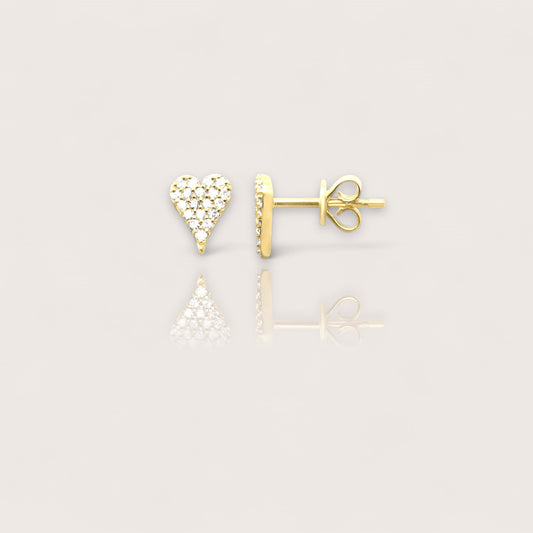 Front and side view of 14K yellow gold pave diamond heart stud earrings in solid gold