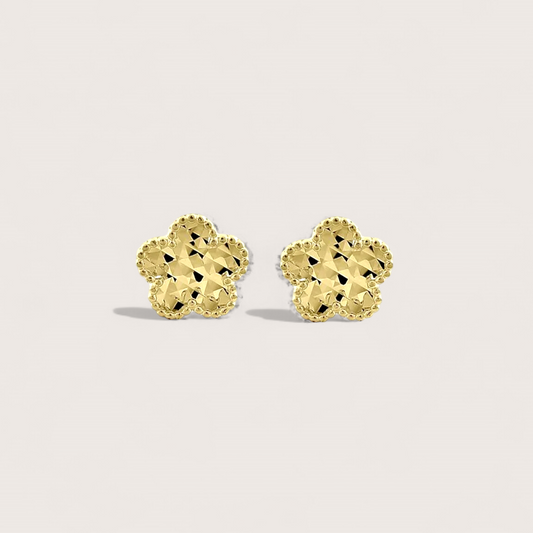 Solid 14 Gold, Clover Flower Stud earrings with an intricate diamond cut pattern, for sparkling finish. Matching pendant also available.