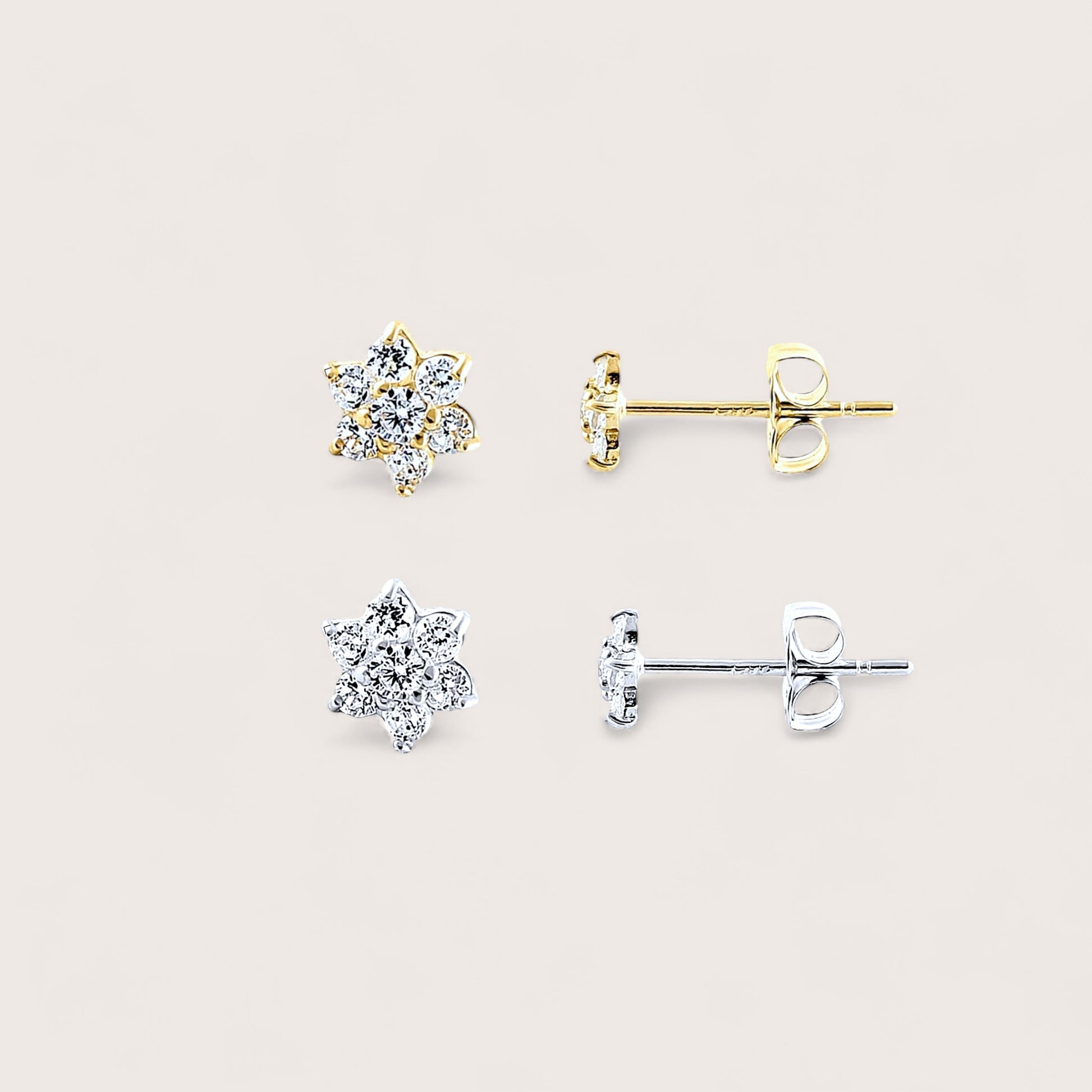 Tiny 4.2mm 14K Solid Gold Diamond Flower Earrings with secure back closure shown in 14K yellow gold and 14K white gold options