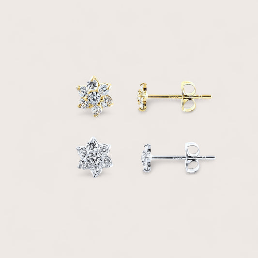Tiny 4.2mm 14K Solid Gold Diamond Flower Earrings with secure back closure shown in 14K yellow gold and 14K white gold options
