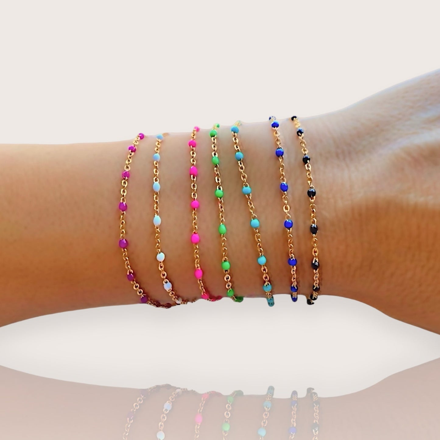 Sapphire Enamel Bead Station Bracelet – 14K Gold Filled Dainty Chain – French-Inspired Minimalist Jewelry