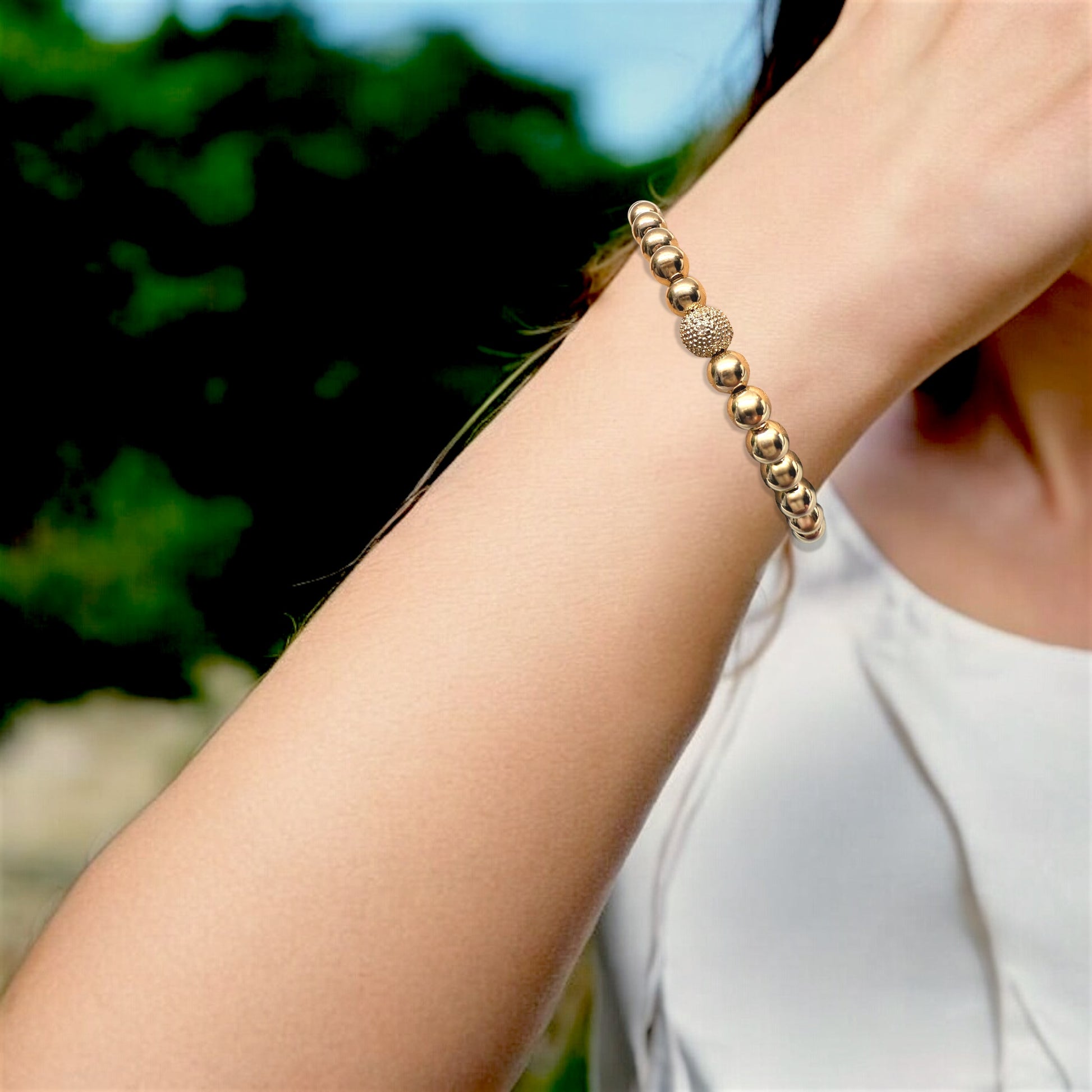 Diamond Beaded Bracelet in 14K Yellow Gold - on model wrist