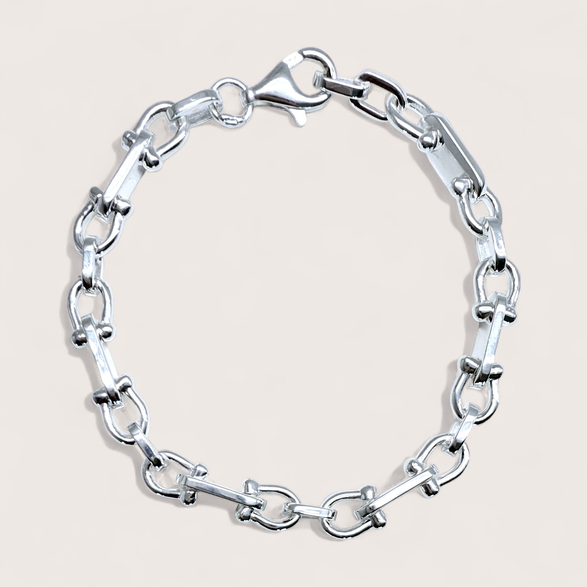 Silver horse shoe u-link chain bracelet on a light beige background