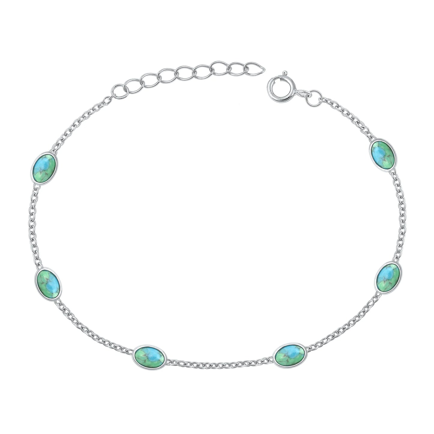 Silver bracelet with turquoise stones on a white background