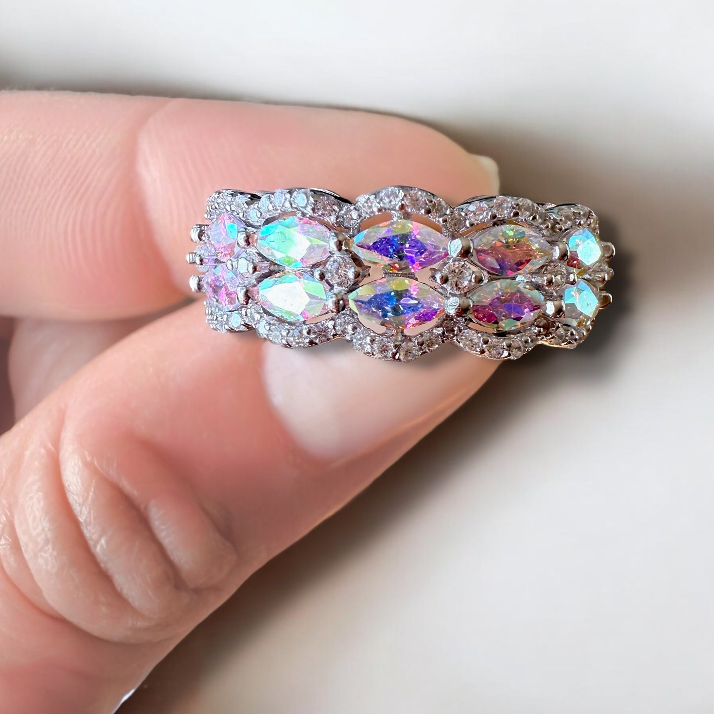 Sterling Silver Pink Iridescent Marquise Ring