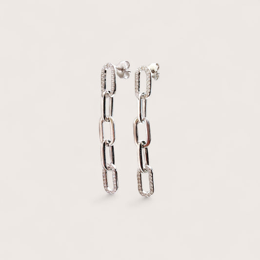Pair of sterling silver cz chain-link earrings on a light gray background