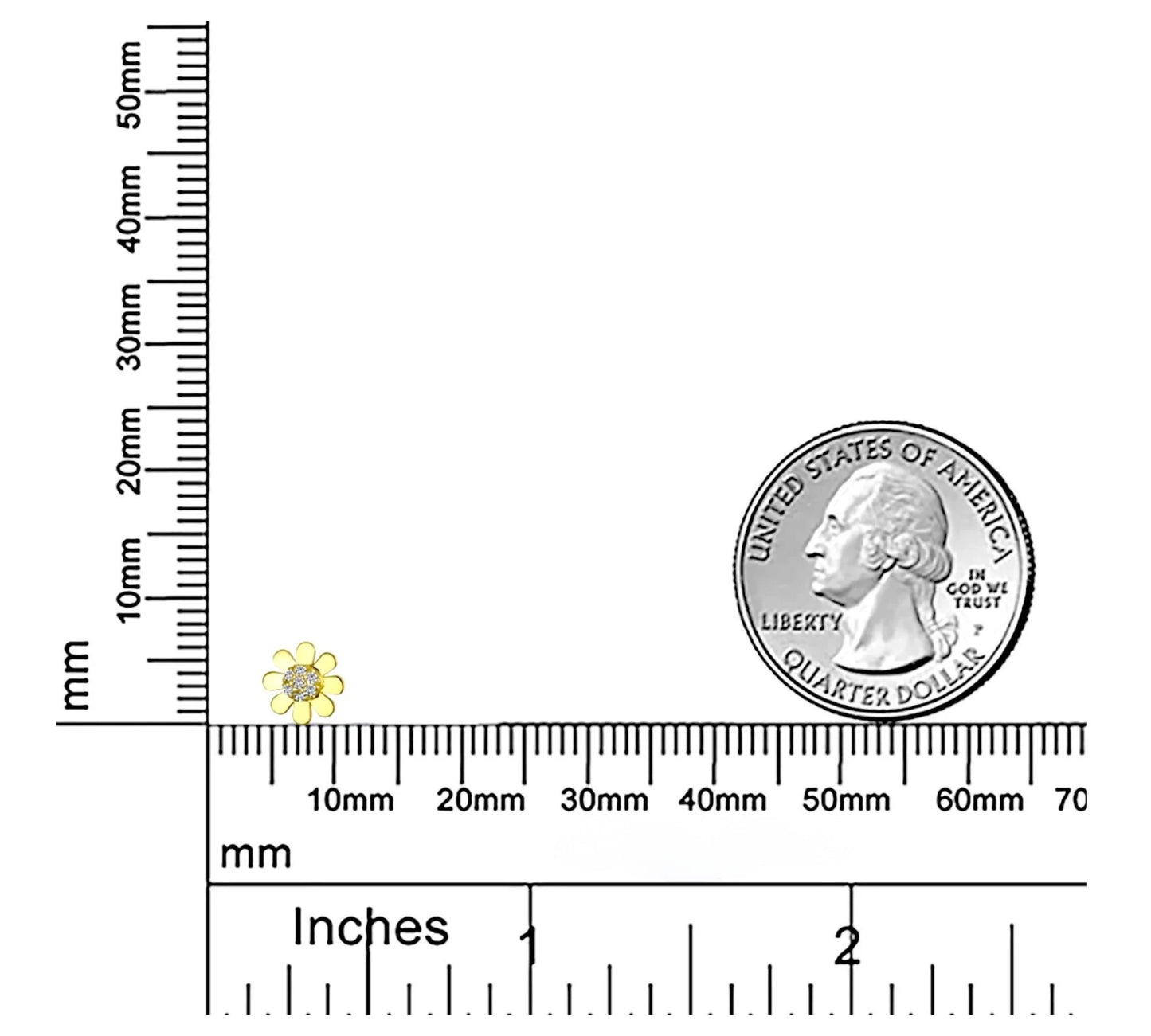 Earrings shown next to a ruler and quarter for sizing visual