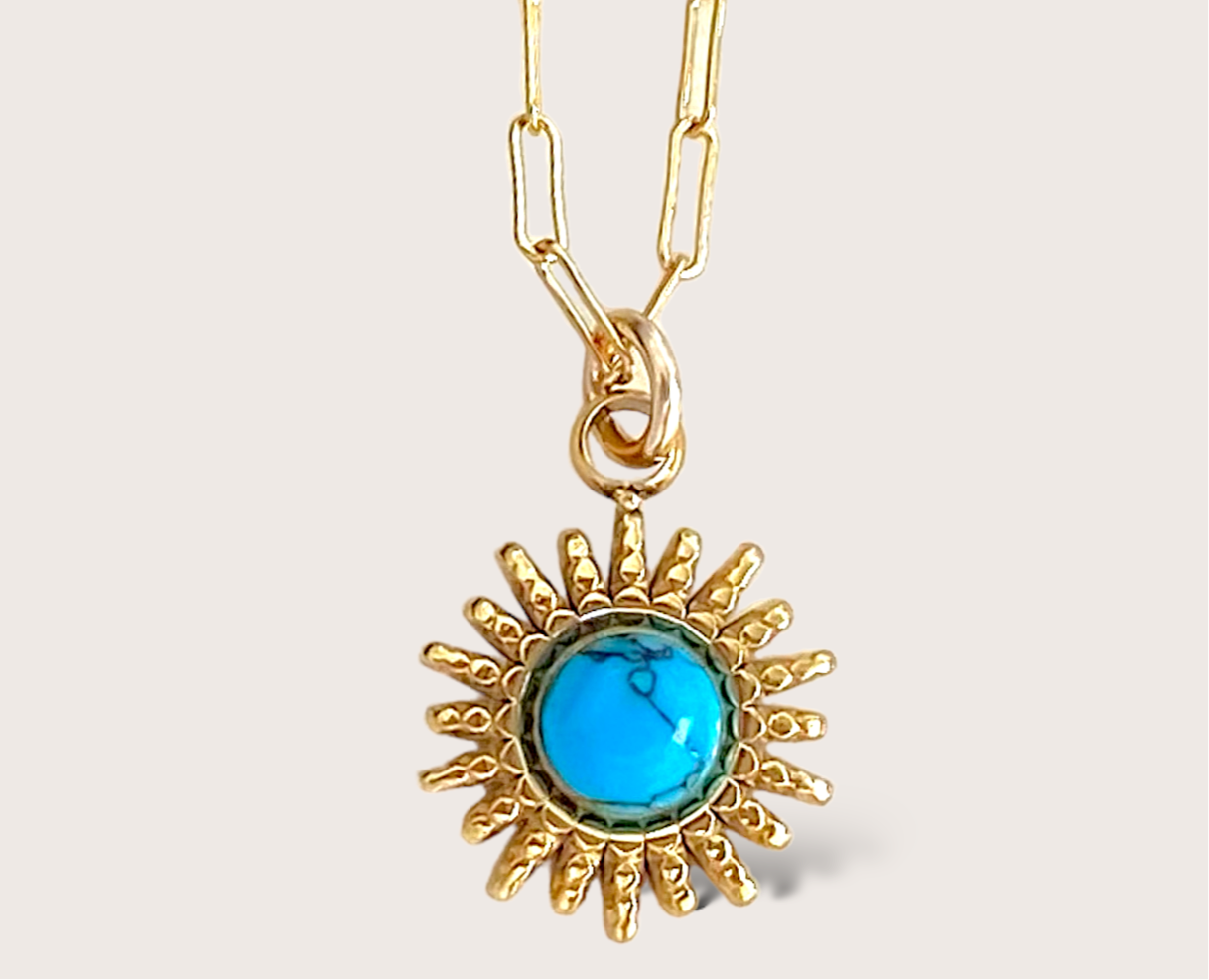 Gold and Turquoise Sun Pendant Paperclip Necklace