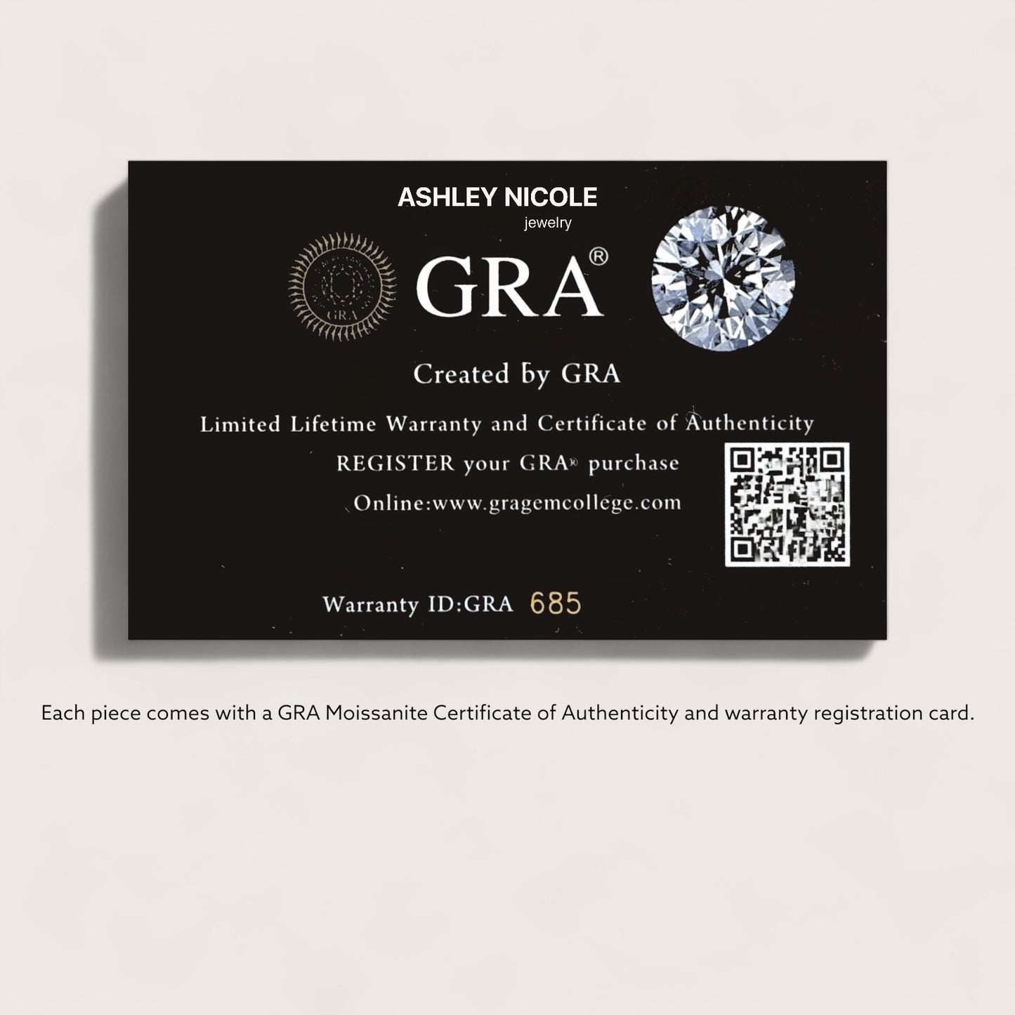 GRA Moissanite Certificate of Authenticity and warranty card for a 0.43ct round-cut