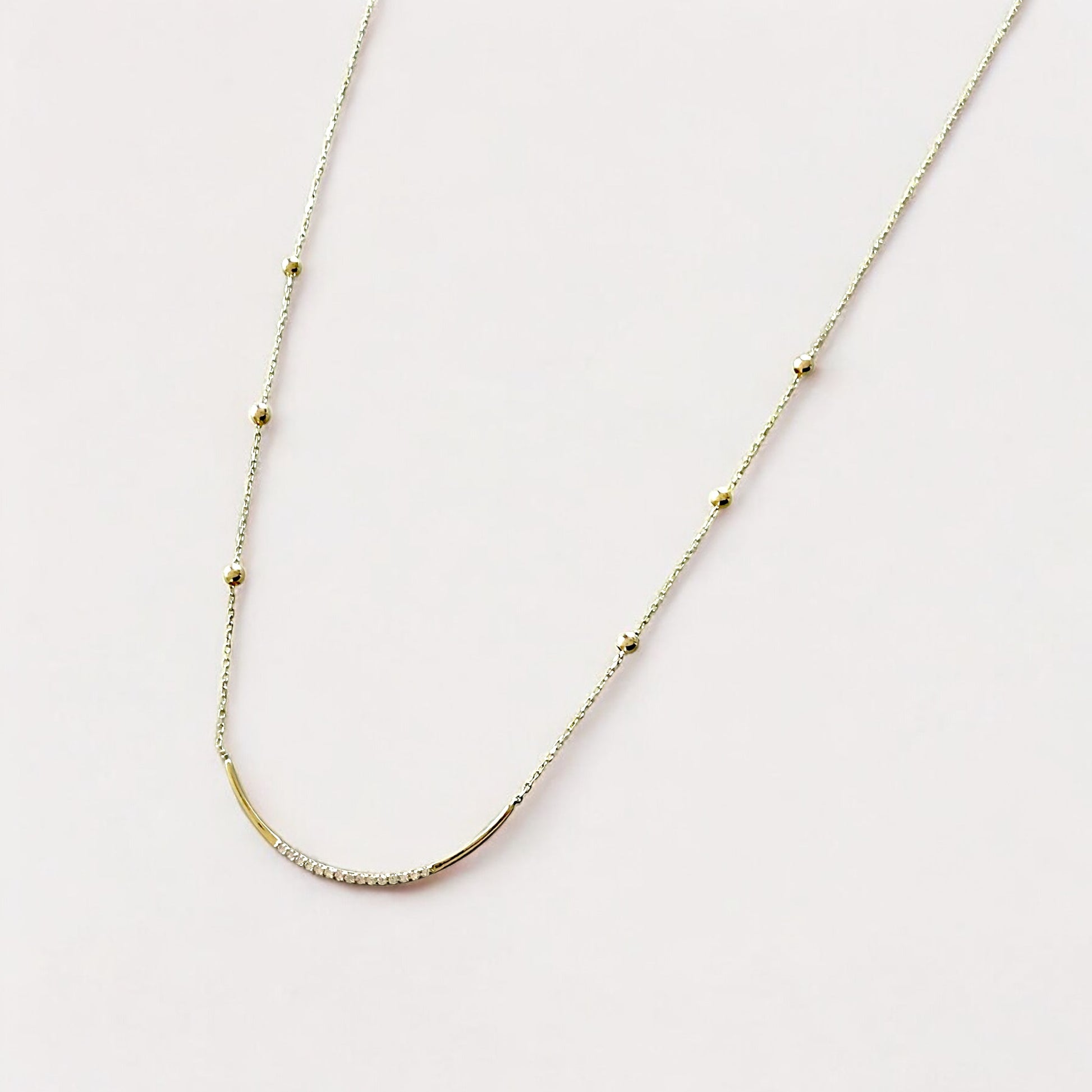 14K Solid Gold Chain Necklace with a U Bar Link and clear cz gemstones
