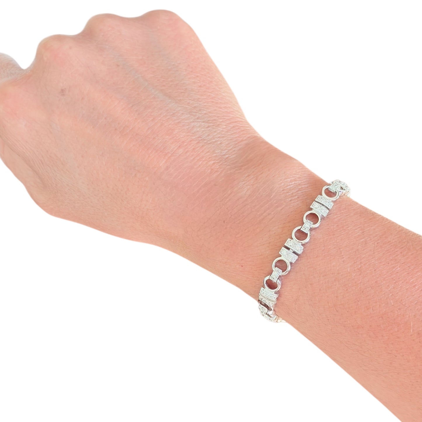 silver cz bracelet on wrist