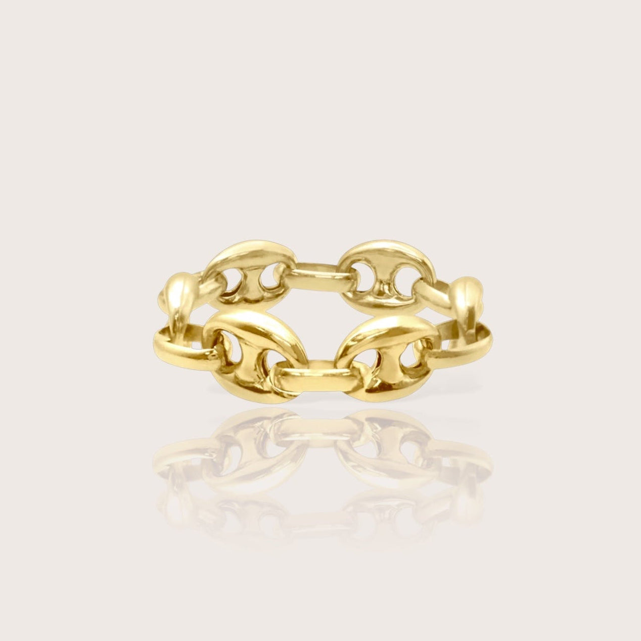 14K Yellow Gold Puffed Mariner Chain Ring ann iconic mariner link pattern, featuring puffed, hollow links that offer a bold appearance while maintaining a lightweight feel for everyday comfort.