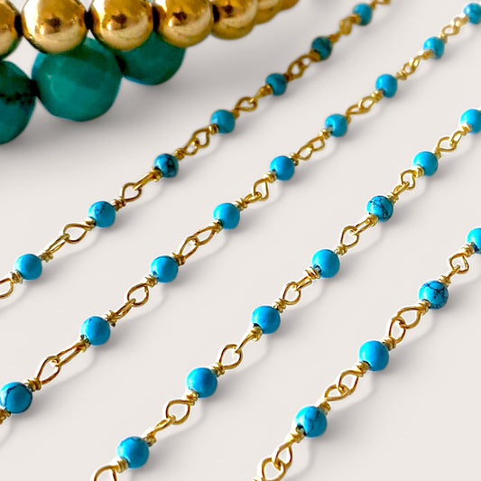Close up of 14k Gold plated Serling Silver Turquoise Beaded Chain Bracelet