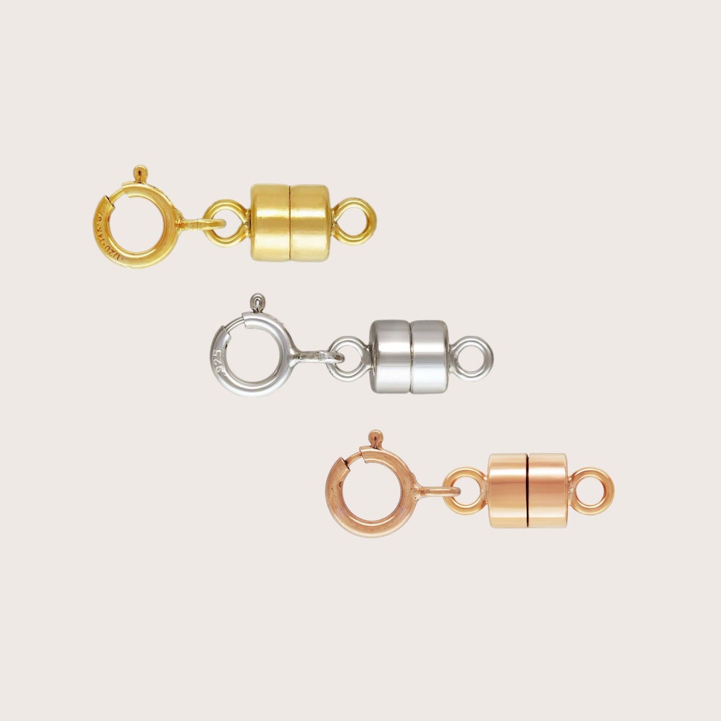 Magnetic Clasps in Silver, Gold and Rose Gold. Easily converts jewelry clasp to a Magnetic Clasp, Simple to add-on to chains for quick and easy on/off.
EASY TO USE - Simply attach the clasp from your own necklace or bracelet to the jump ring on this magnetic clasp, and the spring-ring of the clasp to the jump ring on your jewelry. This easily converts your traditional clasp to an easy-to-use magnetic clasp. Perfect for people with long nails, long hair, arthritis, or limited use of fingers.