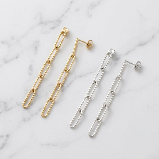 Modern 5-link paperclip dangle stud earrings shown in both 14K gold filled and bright 925 sterling silver options by Ashley Nicole Jewelry