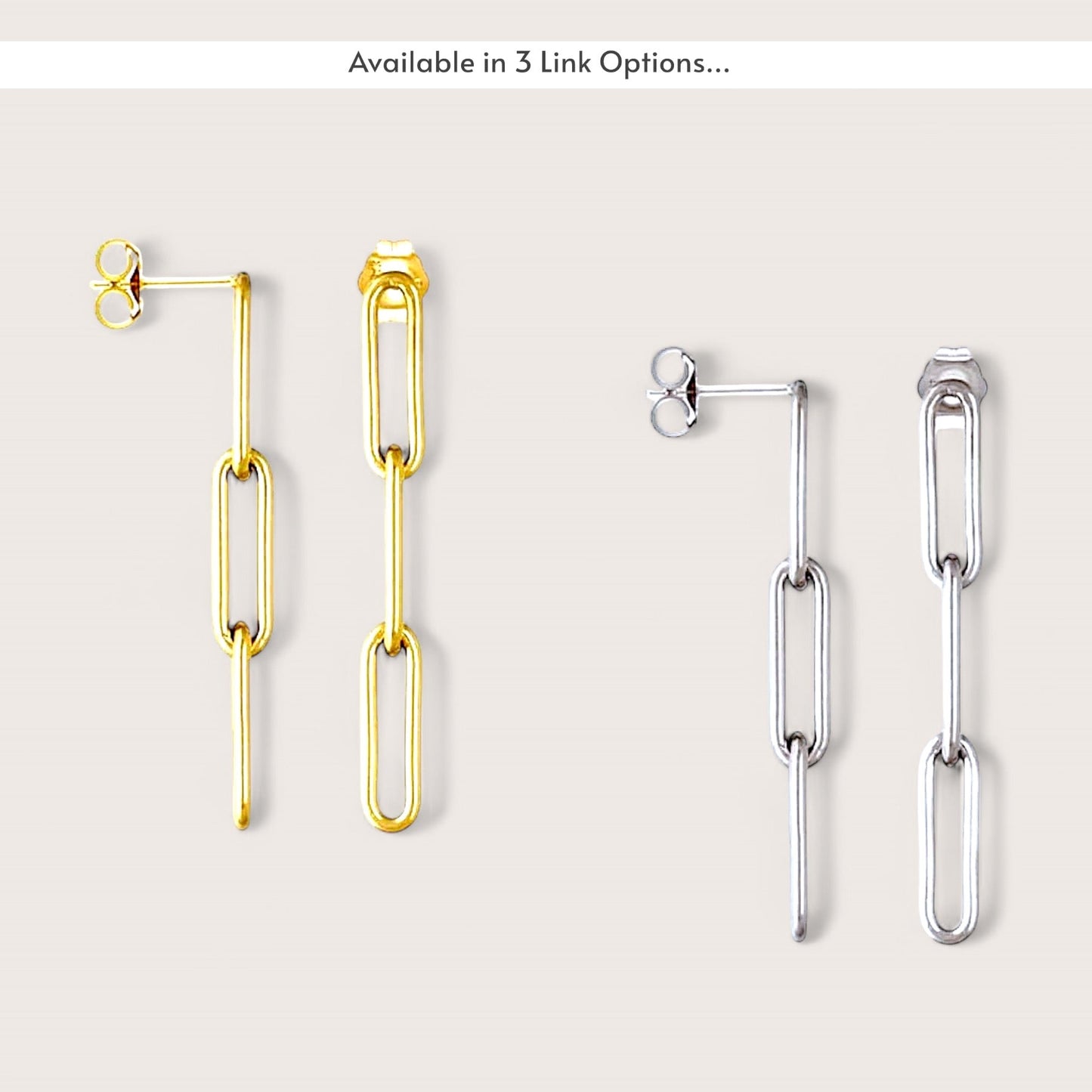 3 Link Paperclip Chain Link Dangle Earrings shown in 14k Gold Filled and Sterling silver
