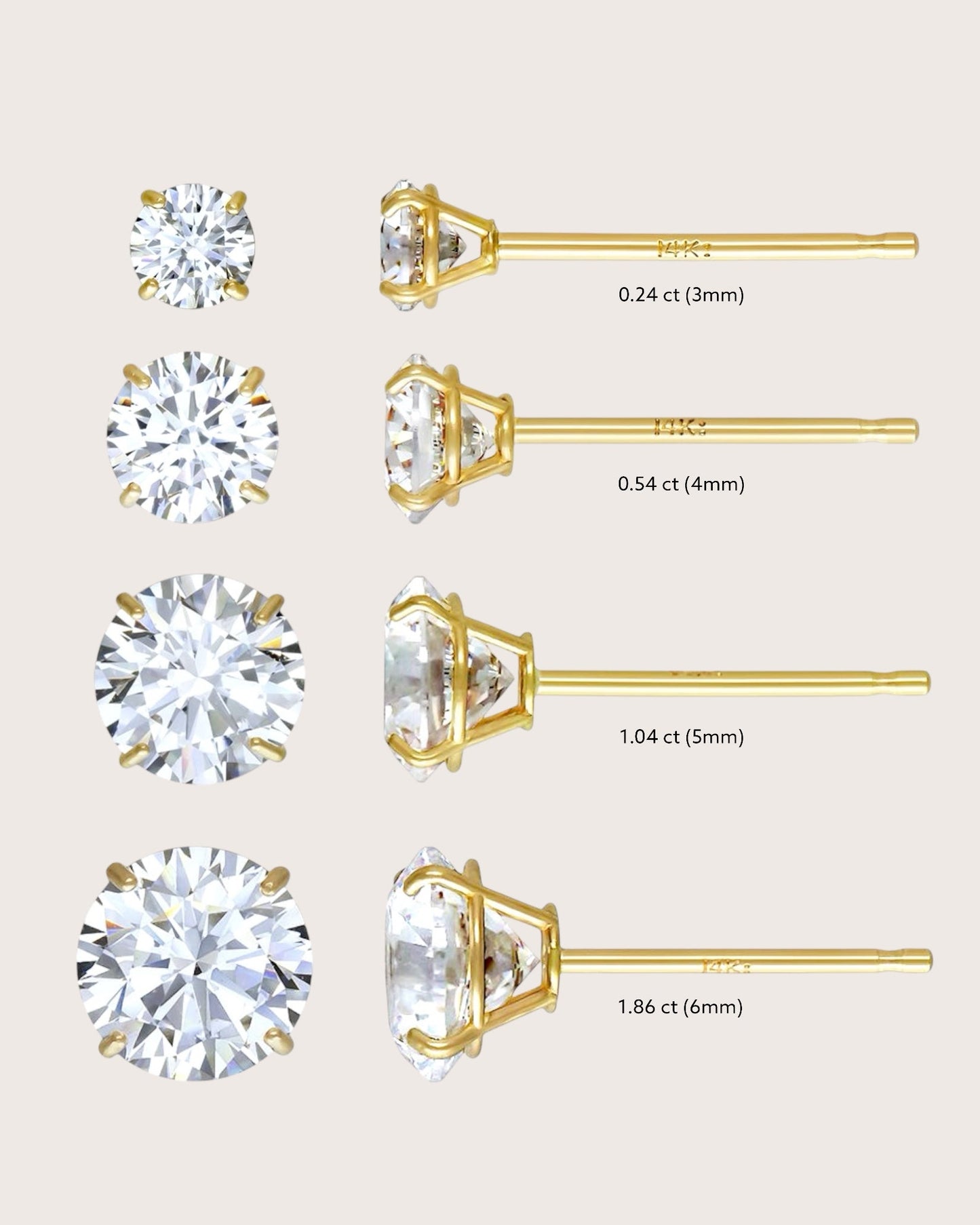 Size chart with for lab diamond earrings, ethical gemstones 14k solid yellow gold