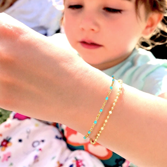 Kids Turquoise Enamel Bead Station Bracelet - Hypoallergenic, Water-Safe & Anti-tarnish 14K Yellow Gold Filled