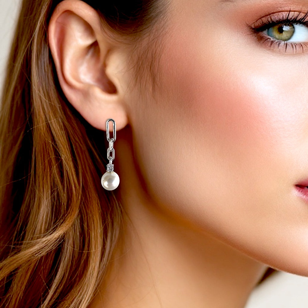 Ivory Pearl CZ Drop Chain Earrings- 925 Silver