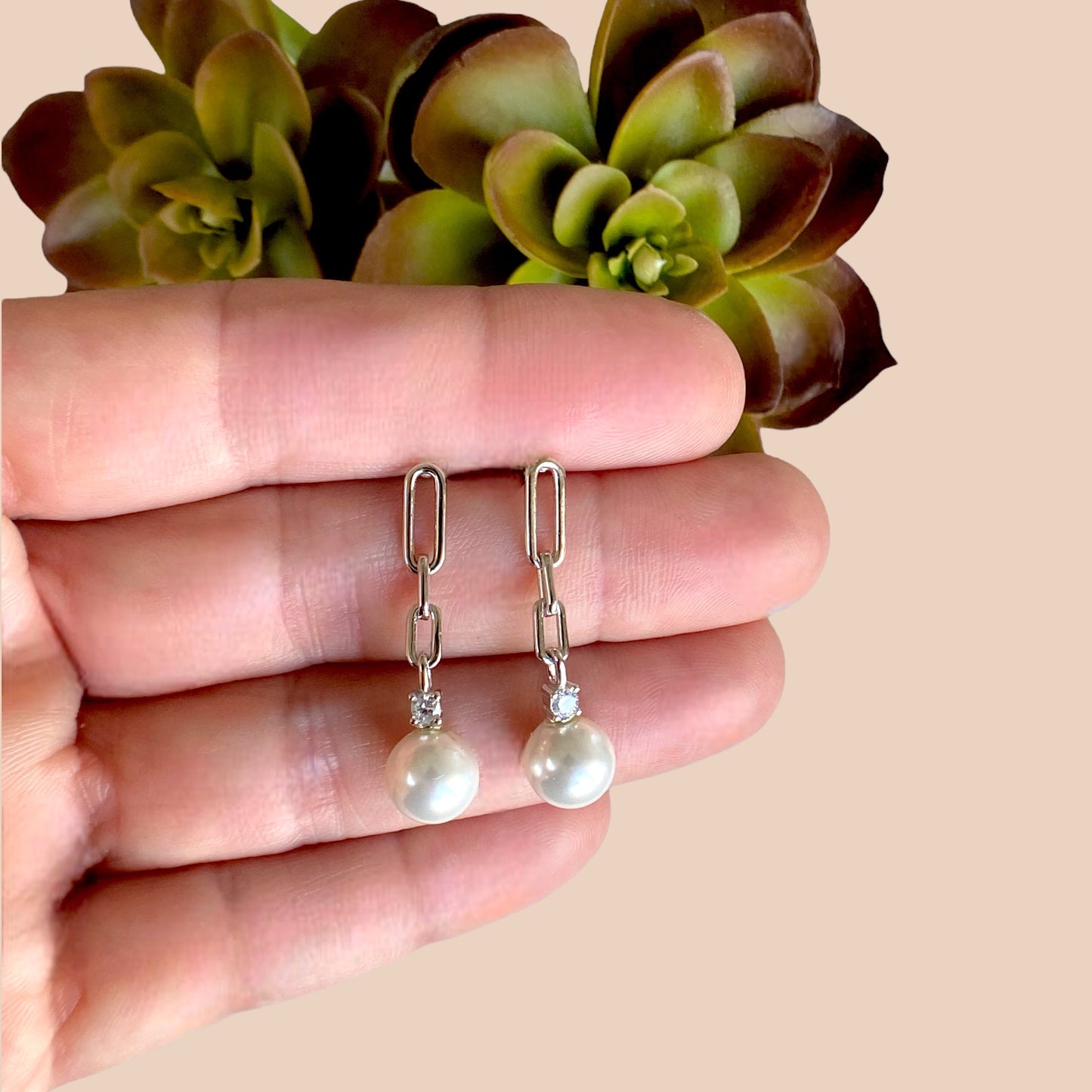 Ivory Pearl CZ Drop Chain Earrings- 925 Silver