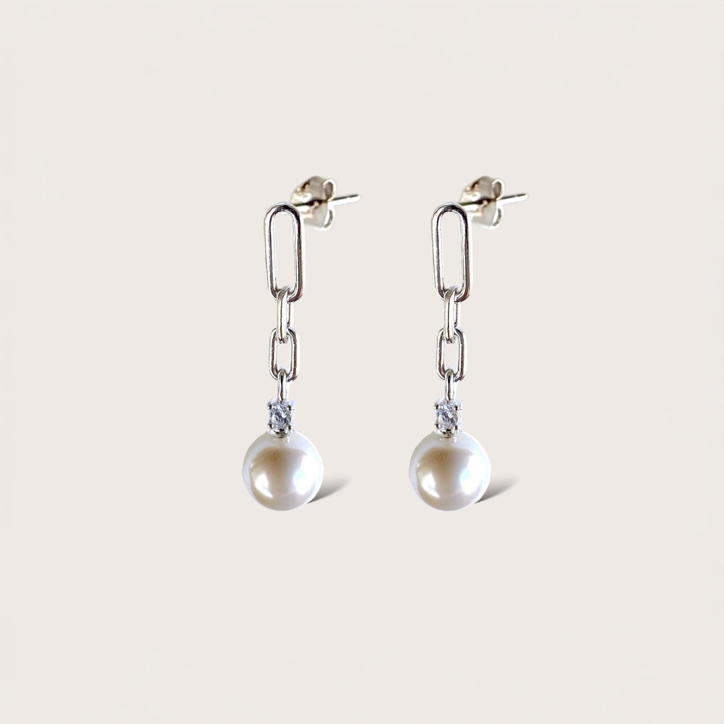 Ivory Pearl CZ Drop Chain Earrings- 925 Silver