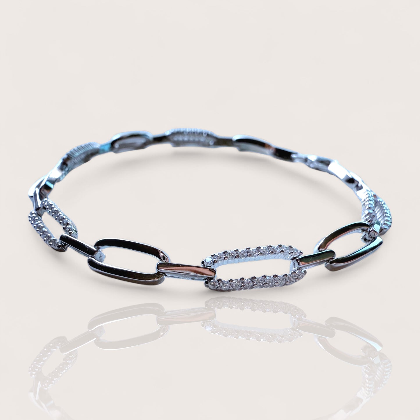 Sterling silver CZ paperclip chain bracelet with alternating links