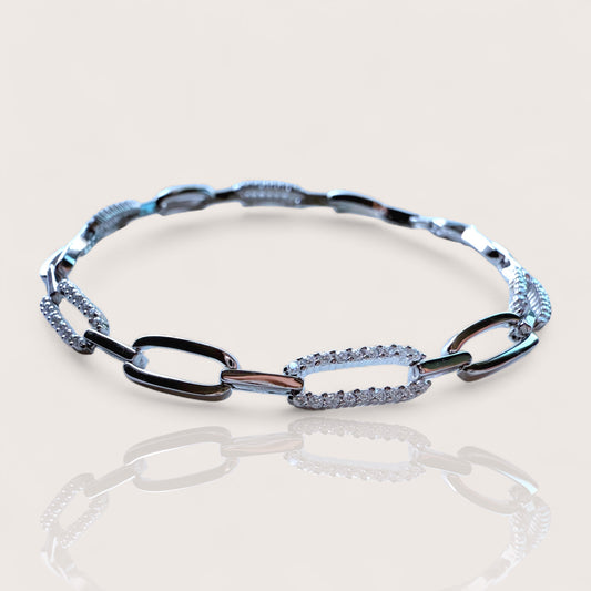 Sterling silver CZ paperclip chain bracelet with alternating links