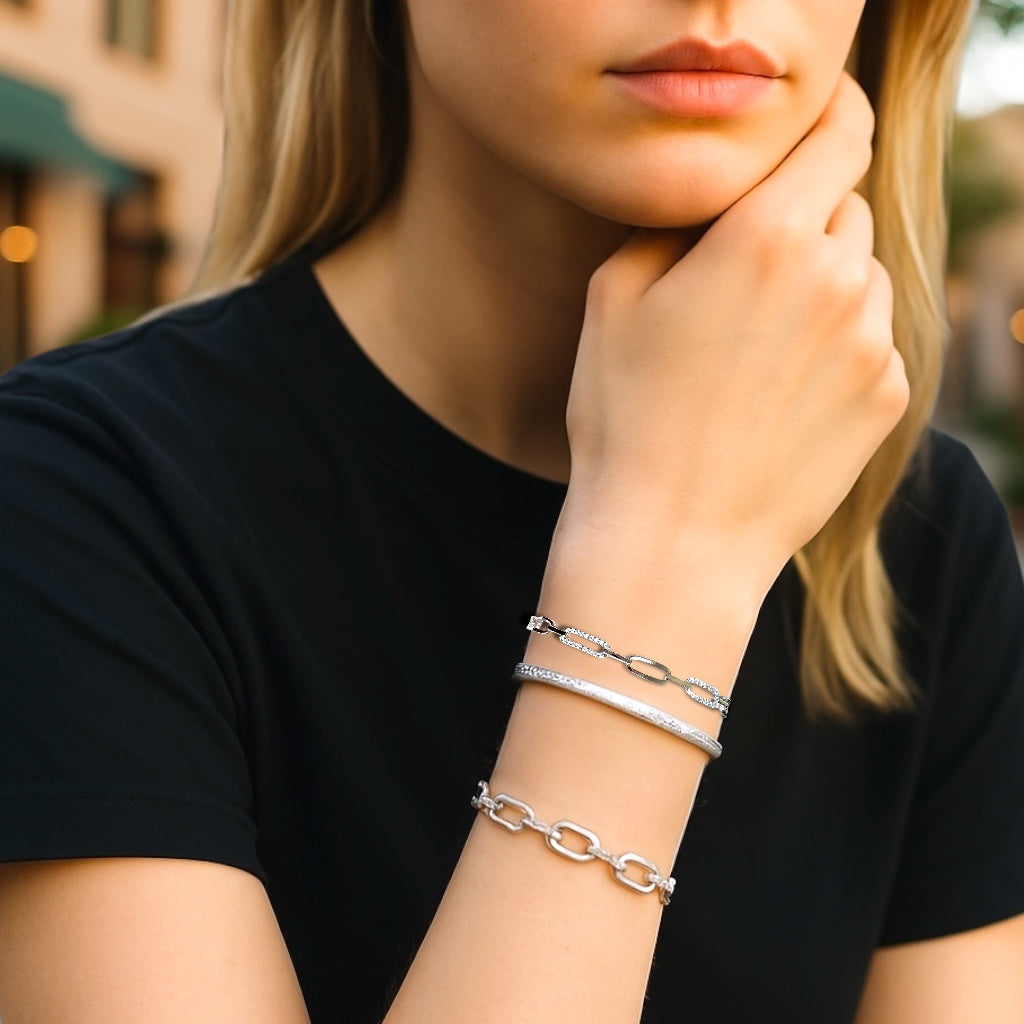 Rhodium-plated sterling silver bracelet on model wrist