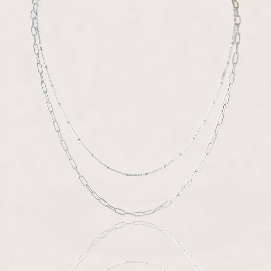 Solid 925 Sterling Silver double-layered necklace with paperclip links and delicate beads