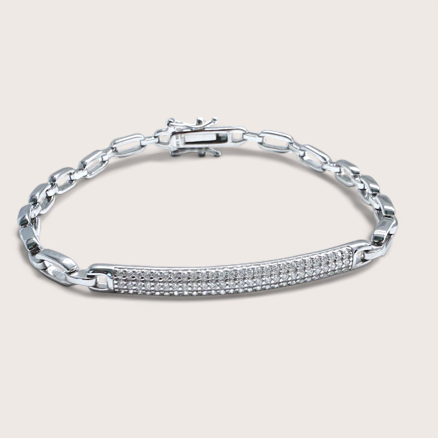 Sterling silver pave CZ bar link bracelet, rhodium plated, 7 inch