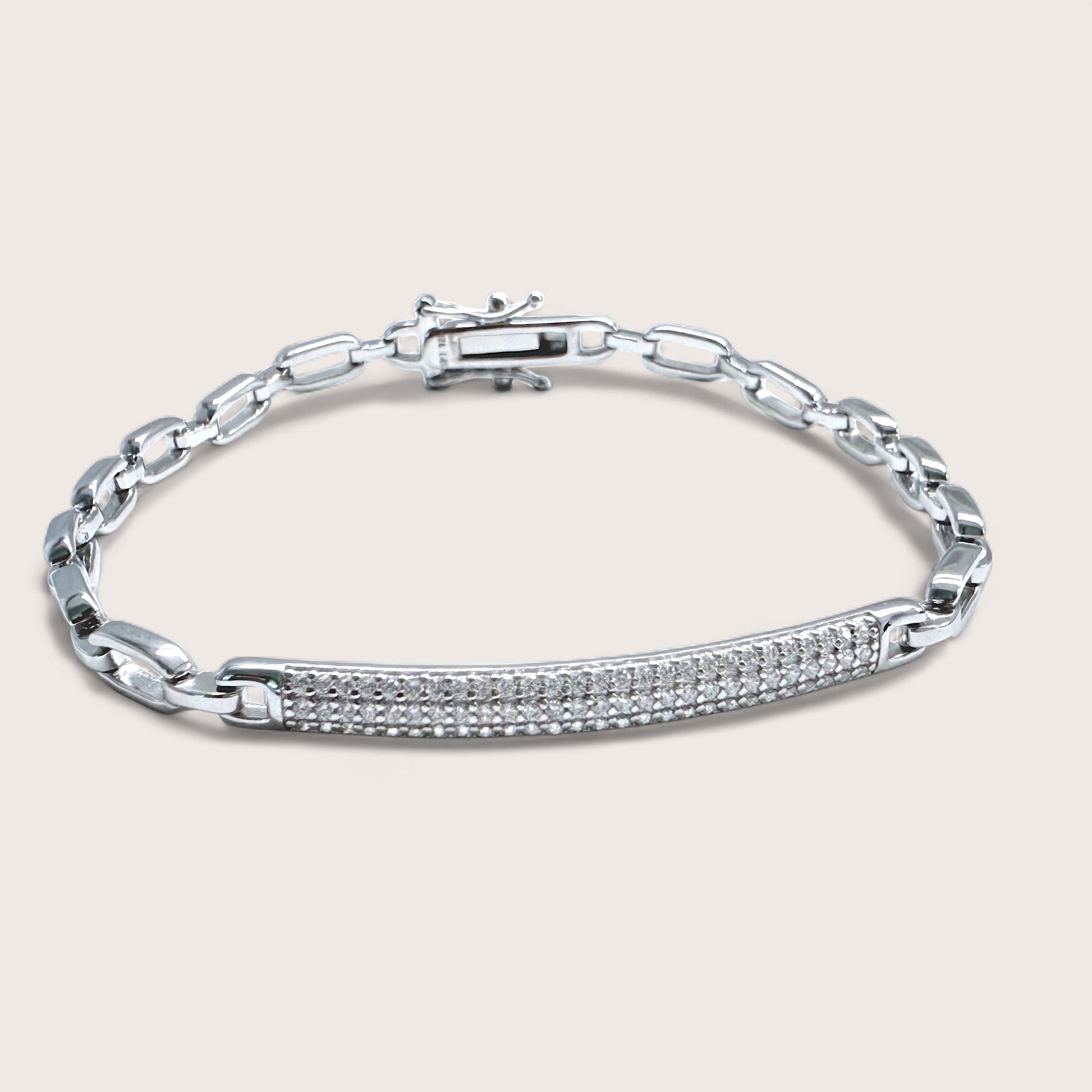 Sterling silver pave CZ bar link bracelet, rhodium plated, 7 inch