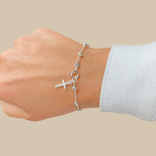Solid 925 Sterling Silver Cross Station Bead Bracelet for women - Dainty Cross Charm