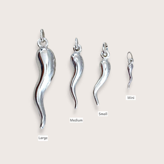 Close-up of sterling silver cornicello Italian horn pendant detail