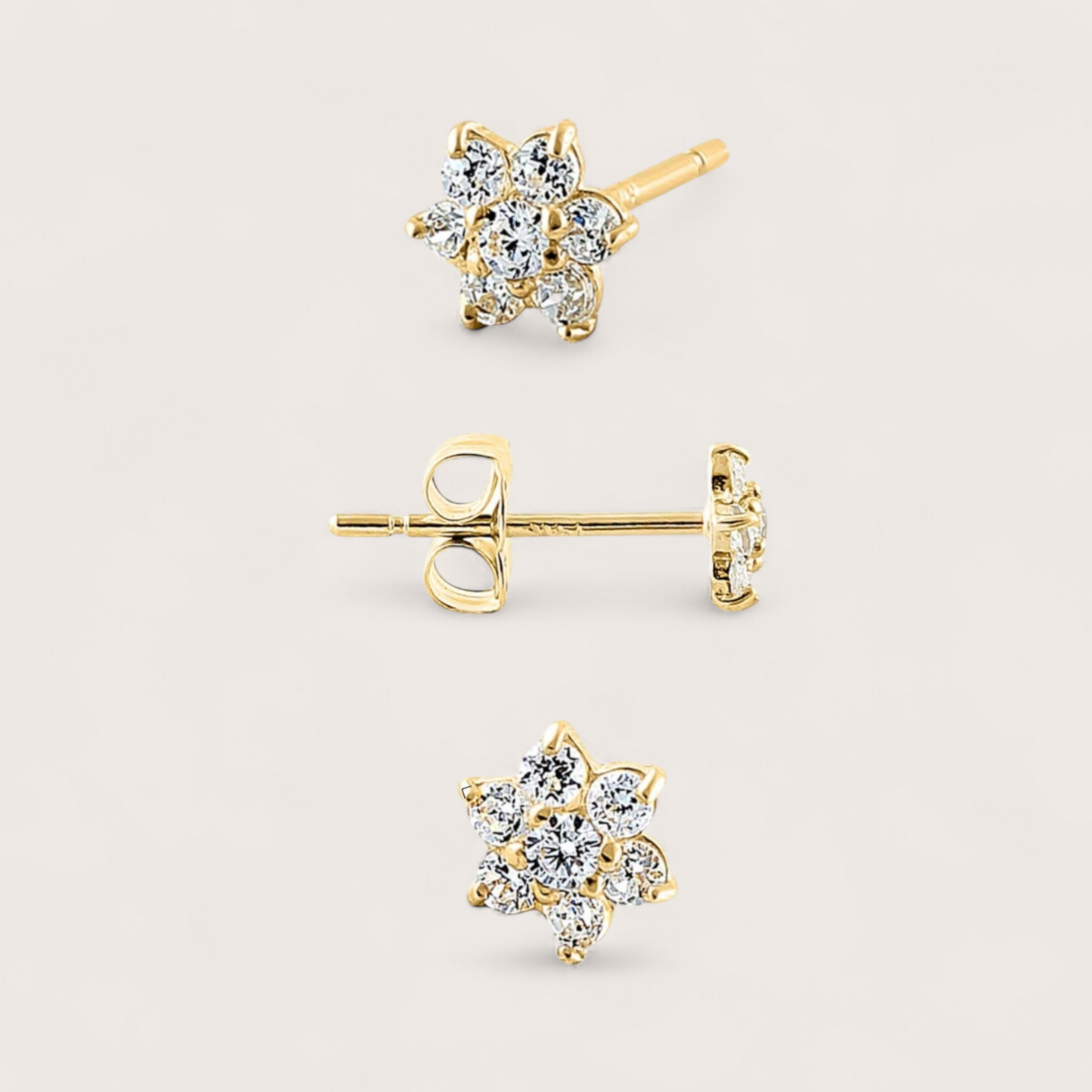 Various angles shown of  14K yellow gold diamond flower stud earrings, 4.2mm earrings