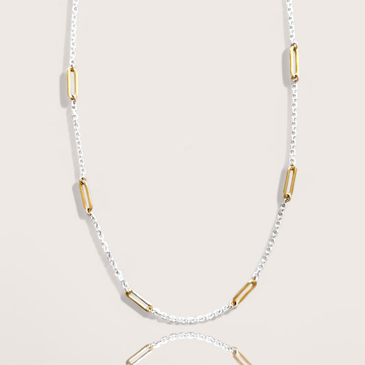Two-tone necklace with sterling silver diamond-cut chain and gold paperclip links, 15-inch length