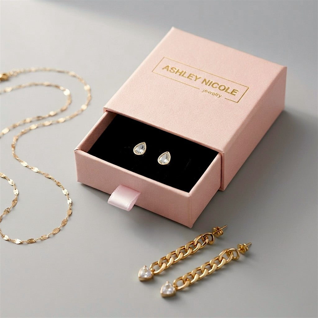 Eco-friendly pink jewelry gift box packaging for Ashley Nicole Jewelry fine handcrafted pieces.