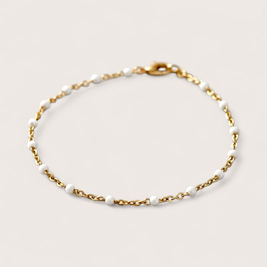 White Enamel Bead Station Bracelet – 14K Gold Filled Dainty Chain – French-Inspired Minimalist Jewelry