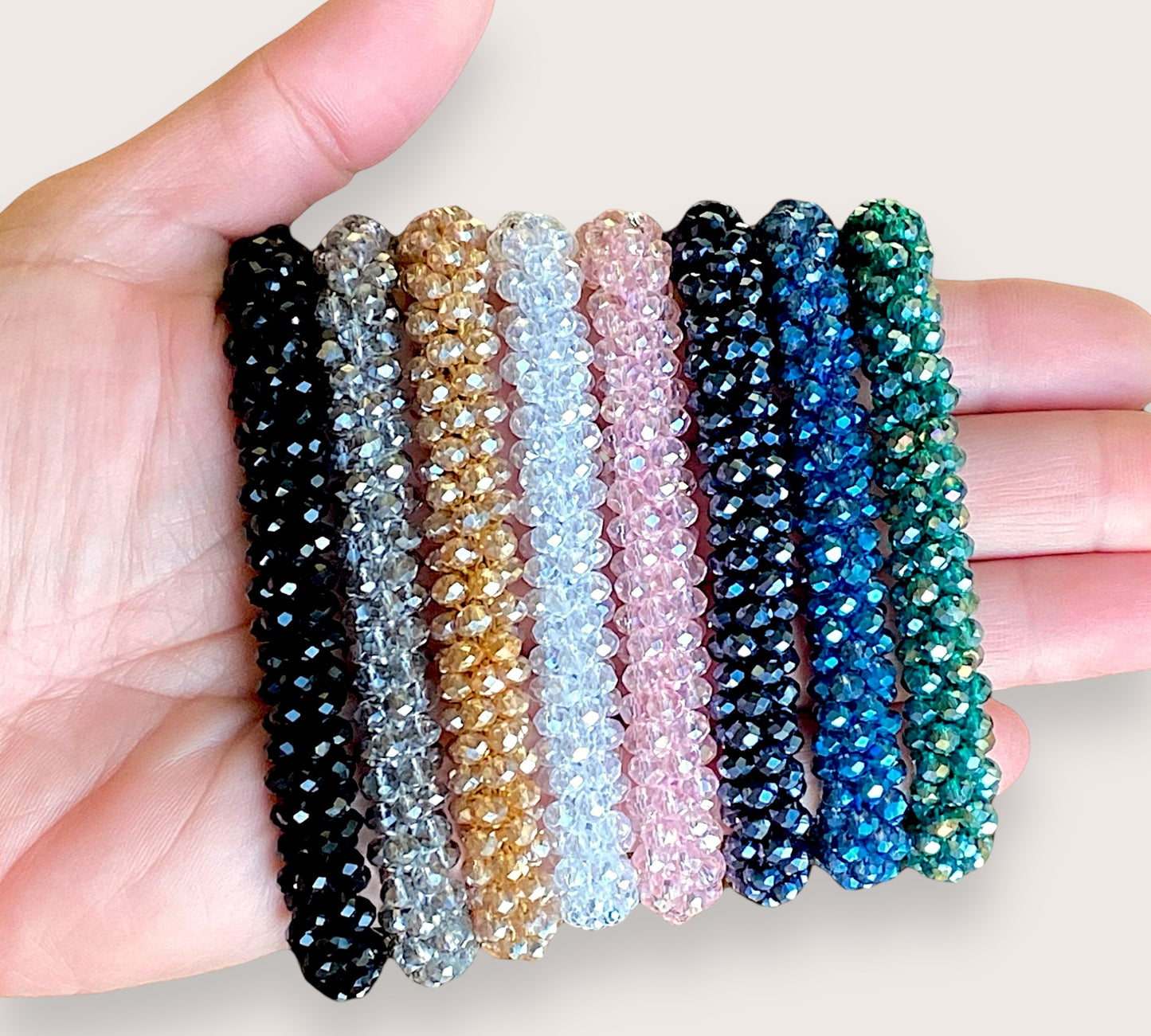 Close up of decorative crystal beaded ponytail holders