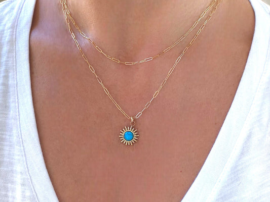 Gold and Turquoise Sun Pendant Paperclip Necklace
