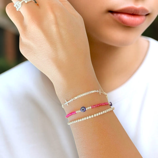 Model wearing out Delicate Italian sterling silver cross chain bracelet Christian jewelry