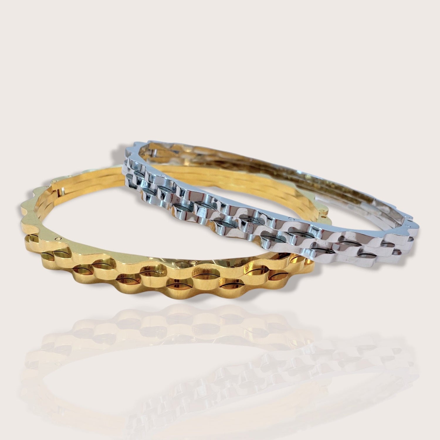 Silver and Gold Bangle Bracelets - Watch Band Style with Ridges 