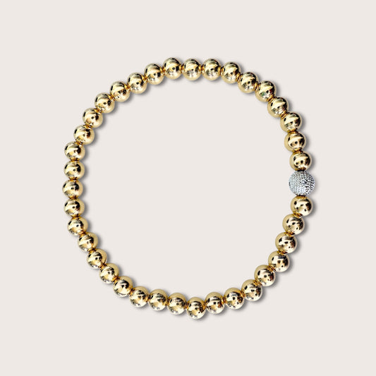 5mm 14K Gold Bead Bracelet with Single White Gold Diamond Ball