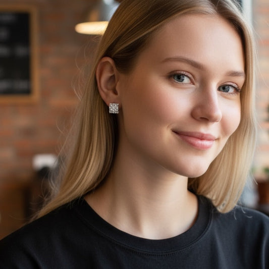 model wearing diamond huggie earrings in a casual setting