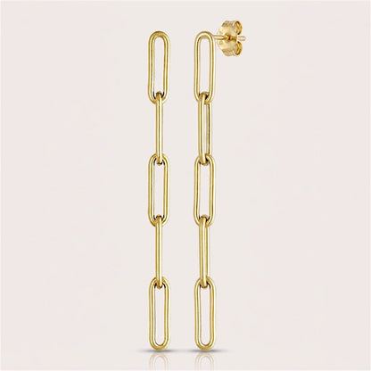 Pair of gold filled five-link paperclip dangle earrings shown upright, with a stud post and butterfly back visible.