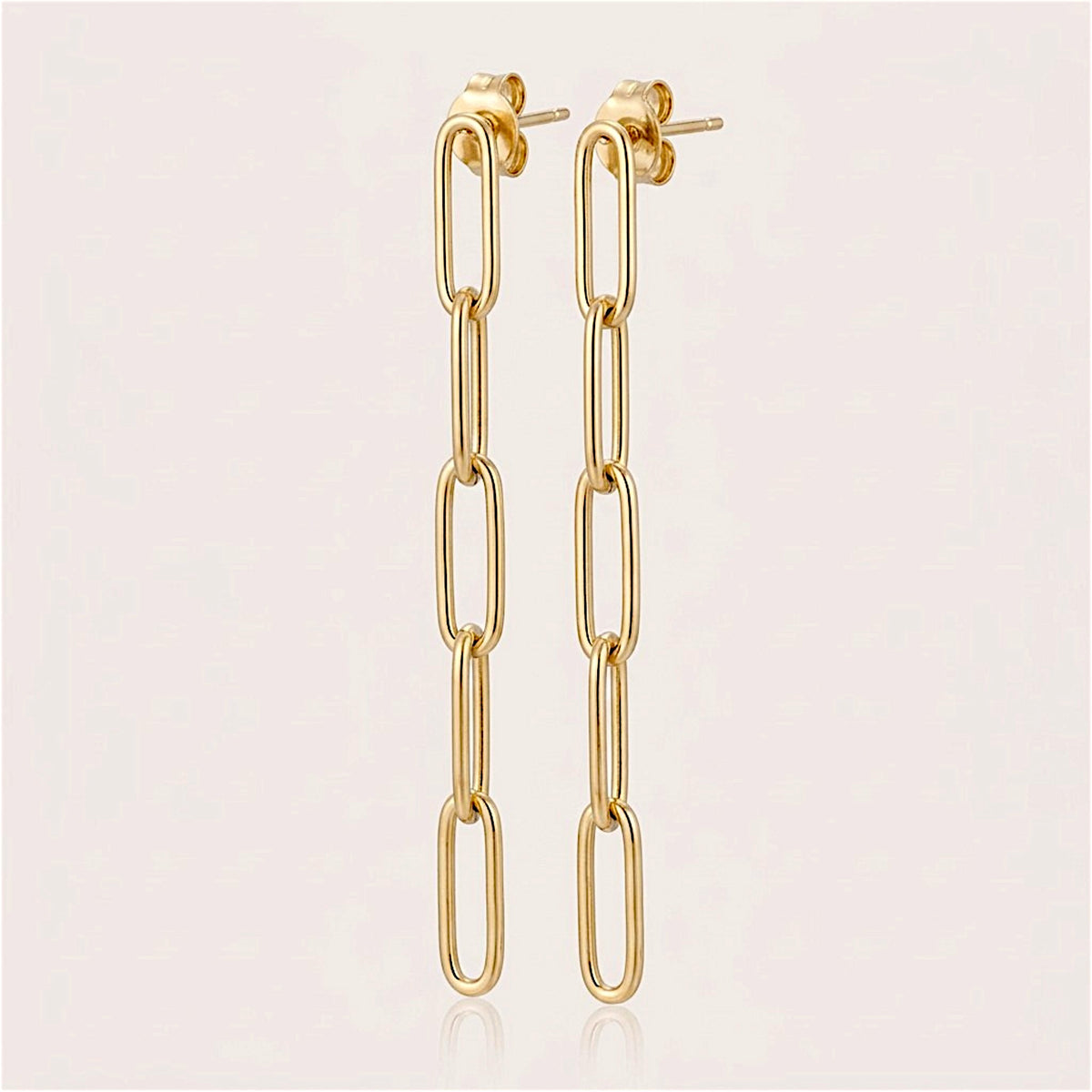 Gold-filled five-link paperclip dangle earring pair with both stud posts and butterfly backs visible above the chains.