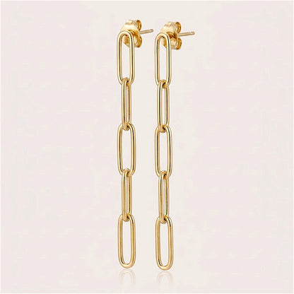 Gold-filled five-link paperclip dangle earring pair with both stud posts and butterfly backs visible above the chains.