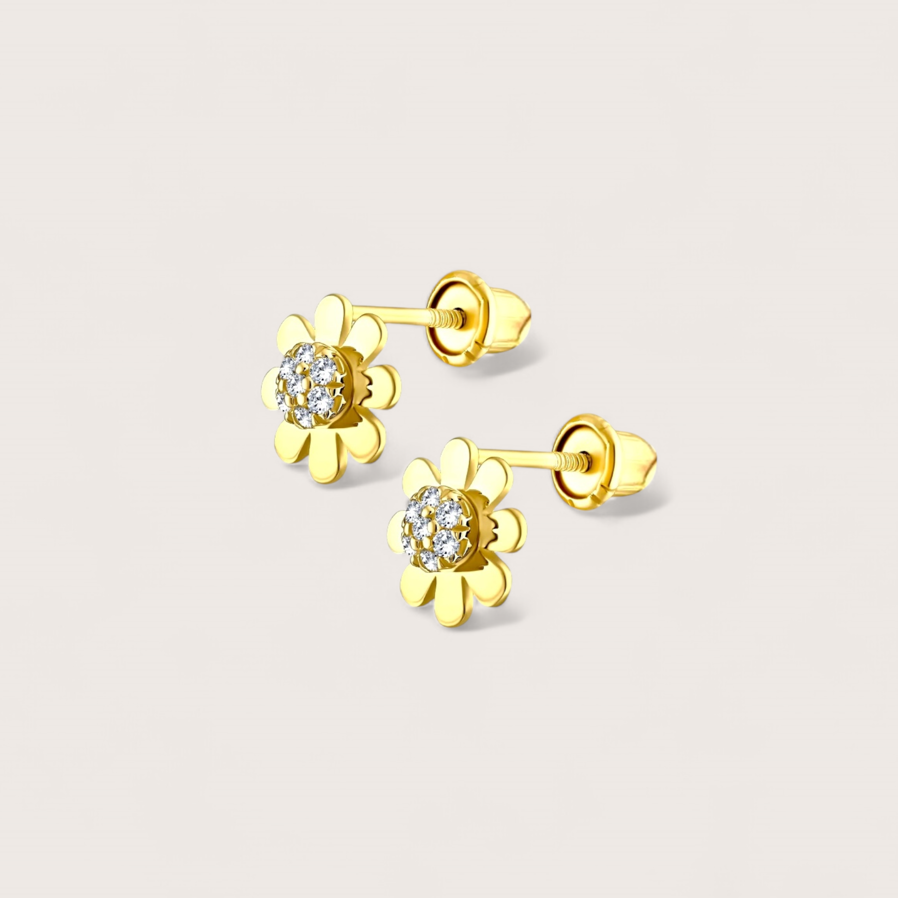 Dainty 14K Solid Gold Daisy Flower Earrings with secure screw backs. Solid 14K Gold, Small Gold Earrings, Sleeper backs. 